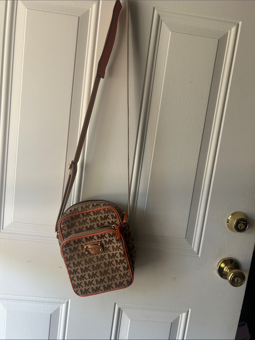 Michael Kors Brown MK Monogram Crossbody with Orange Trim